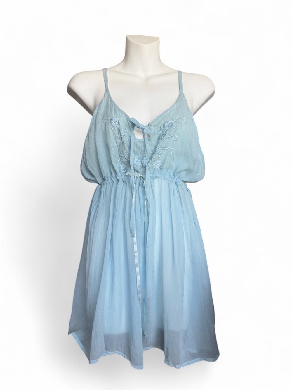 Sky Blue Embroidered Tie-Front Babydoll Dress